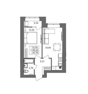 1-к квартира, вторичка, 41м2, 1/10 этаж