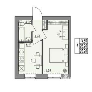 1-к квартира, строящийся дом, 28м2, 1/7 этаж