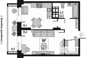 1-к квартира, вторичка, 40м2, 14/19 этаж