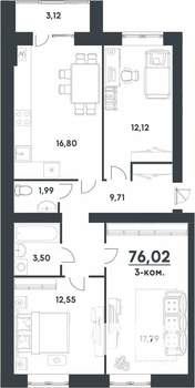 3-к квартира, строящийся дом, 76м2, 1/4 этаж