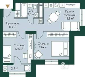 2-к квартира, строящийся дом, 54м2, 21/24 этаж