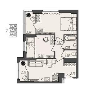 2-к квартира, вторичка, 51м2, 13/17 этаж