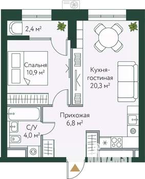 1-к квартира, вторичка, 44м2, 4/24 этаж