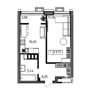 1-к квартира, вторичка, 43м2, 22/23 этаж