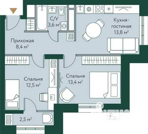 2-к квартира, вторичка, 54м2, 22/24 этаж