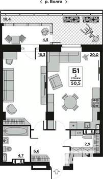 1-к квартира, вторичка, 50м2, 2/20 этаж