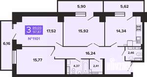 3-к квартира, строящийся дом, 98м2, 13/19 этаж