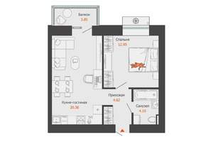 1-к квартира, строящийся дом, 43м2, 1/8 этаж