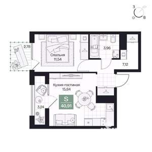 1-к квартира, вторичка, 41м2, 2/9 этаж