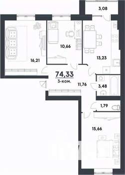 3-к квартира, строящийся дом, 74м2, 4/4 этаж