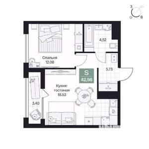 1-к квартира, вторичка, 43м2, 7/8 этаж