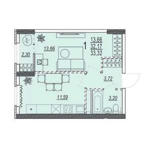 1-к квартира, вторичка, 33м2, 13/17 этаж