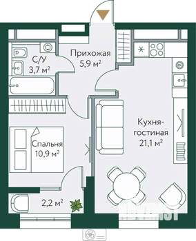 1-к квартира, строящийся дом, 44м2, 24/24 этаж