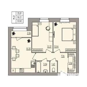 2-к квартира, вторичка, 57м2, 3/3 этаж