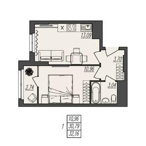 1-к квартира, вторичка, 32м2, 13/17 этаж