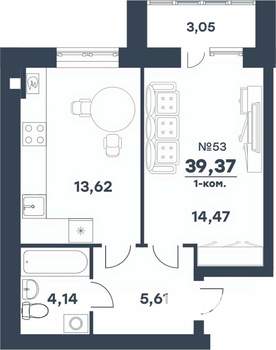 1-к квартира, строящийся дом, 39м2, 5/5 этаж