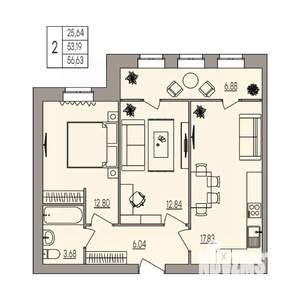 2-к квартира, вторичка, 57м2, 2/3 этаж
