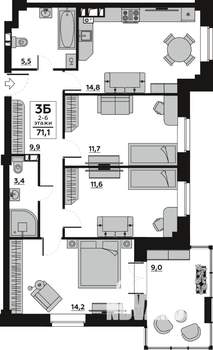 3-к квартира, вторичка, 71м2, 6/6 этаж