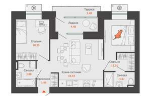 2-к квартира, строящийся дом, 55м2, 2/8 этаж
