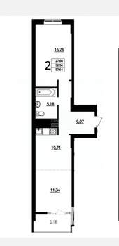 2-к квартира, вторичка, 58м2, 1/16 этаж
