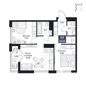 2-к квартира, вторичка, 57м2, 6/10 этаж