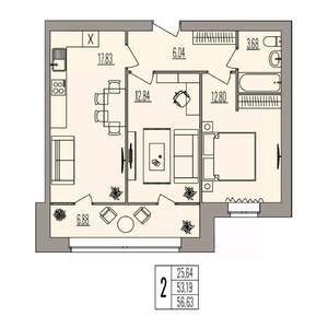 2-к квартира, вторичка, 57м2, 1/3 этаж