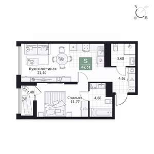 1-к квартира, вторичка, 47м2, 7/9 этаж