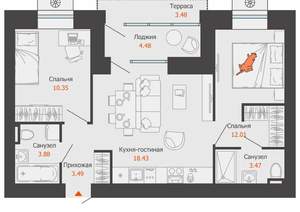 2-к квартира, вторичка, 55м2, 3/6 этаж