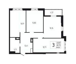3-к квартира, вторичка, 90м2, 3/18 этаж