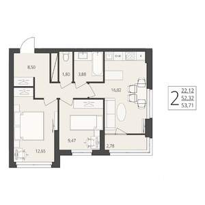 2-к квартира, вторичка, 54м2, 5/17 этаж