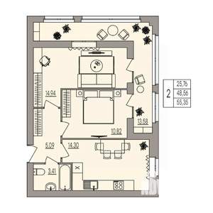 2-к квартира, вторичка, 55м2, 1/3 этаж