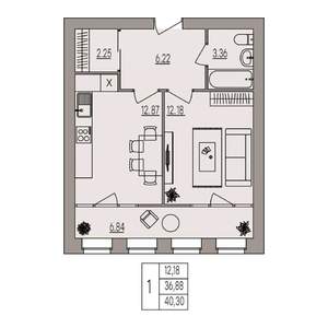1-к квартира, вторичка, 40м2, 1/3 этаж