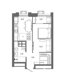 1-к квартира, вторичка, 39м2, 21/23 этаж