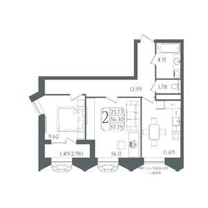 2-к квартира, вторичка, 58м2, 17/21 этаж