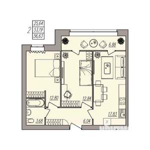 2-к квартира, вторичка, 57м2, 1/3 этаж
