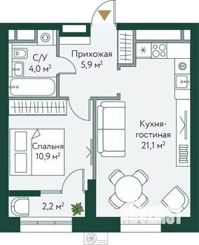 1-к квартира, строящийся дом, 44м2, 4/24 этаж