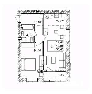 1-к квартира, вторичка, 53м2, 4/9 этаж