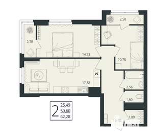 2-к квартира, вторичка, 62м2, 6/17 этаж