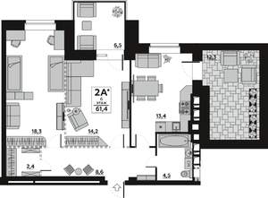 2-к квартира, вторичка, 61м2, 6/7 этаж
