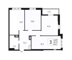 3-к квартира, вторичка, 90м2, 9/18 этаж