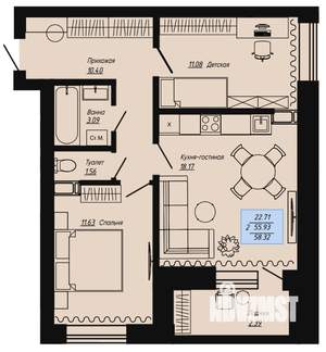 2-к квартира, вторичка, 58м2, 6/16 этаж