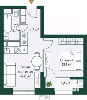 1-к квартира, вторичка, 37м2, 2/24 этаж