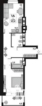 1-к квартира, вторичка, 43м2, 2/7 этаж