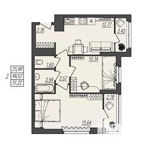 2-к квартира, вторичка, 51м2, 3/17 этаж