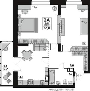 Студия квартира, вторичка, 63м2, 6/14 этаж