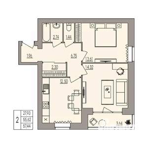 2-к квартира, вторичка, 57м2, 2/3 этаж