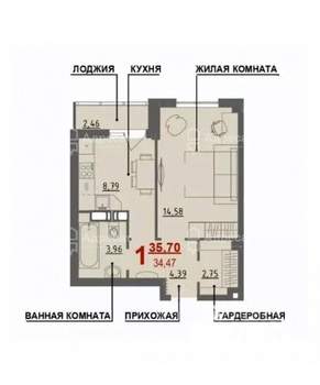 1-к квартира, вторичка, 35м2, 8/13 этаж