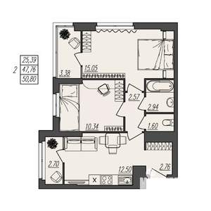 2-к квартира, вторичка, 51м2, 14/17 этаж