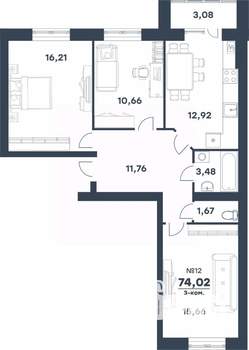 3-к квартира, строящийся дом, 74м2, 4/4 этаж