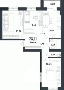 3-к квартира, строящийся дом, 73м2, 3/4 этаж